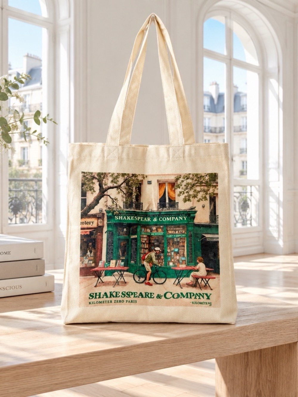 NWOT Shakespeare & Co. Tote Bag Ivory w/Illustration of a Bookstore in Paris
